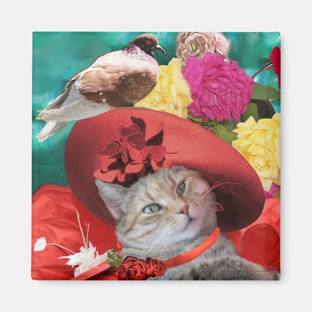 CELEBRITY CAT PRINCESS TATUS WITH RED HAT AND DOVE MAGNET (Front)