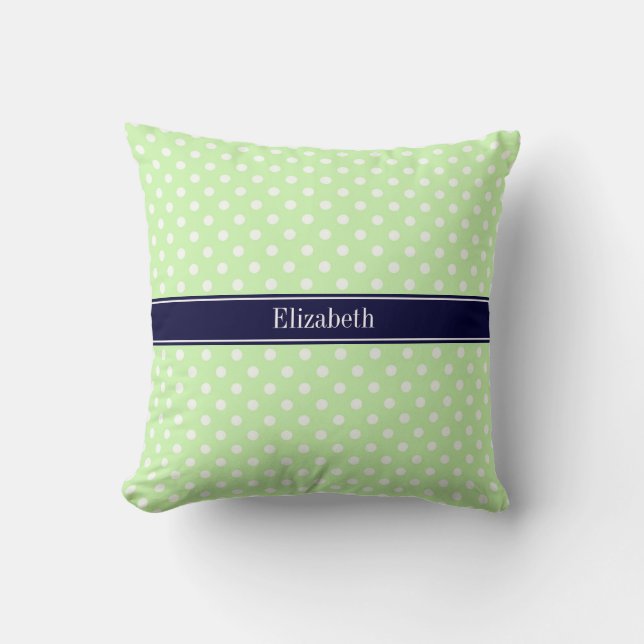 Celery and White Polka Dots Navy Name Monogram Cushion (Front)