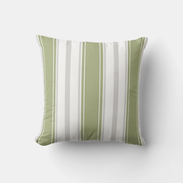 Celery Green and Pale Grey White Stripes Pattern | Cushion (Front)