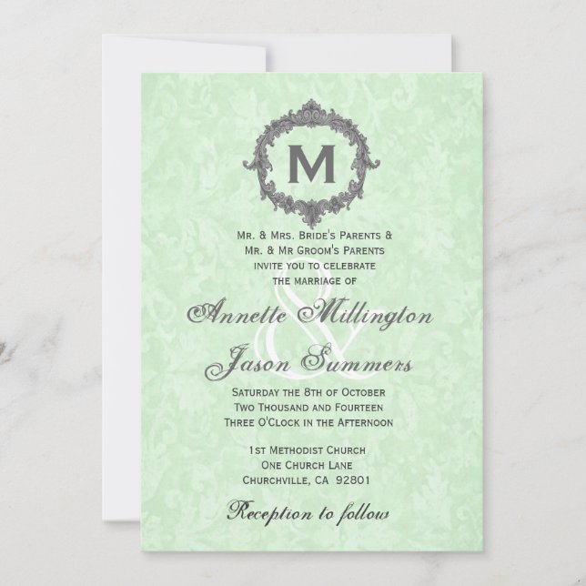 Celery Green Damask Grey Vintage  Monogram Wedding Invitation (Front)