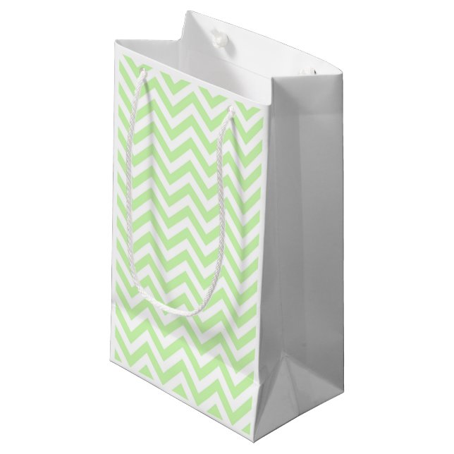Celery Green, White Large Chevron ZigZag Pattern Small Gift Bag (Front Angled)
