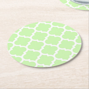 Celery Green White Moroccan Quatrefoil Pattern #5 Round Paper Coaster