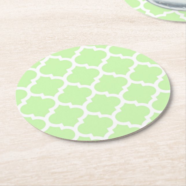 Celery Green White Moroccan Quatrefoil Pattern #5 Round Paper Coaster (Angled)