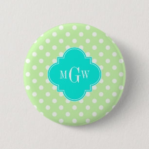 Celery Polka Dot Aqua Quatrefoil 3 Monogram 6 Cm Round Badge