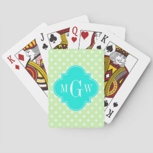 Celery Polka Dot Aqua Quatrefoil 3 Monogram Playing Cards