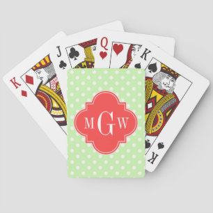 Celery Polka Dot Coral Red Quatrefoil 3 Monogram Playing Cards