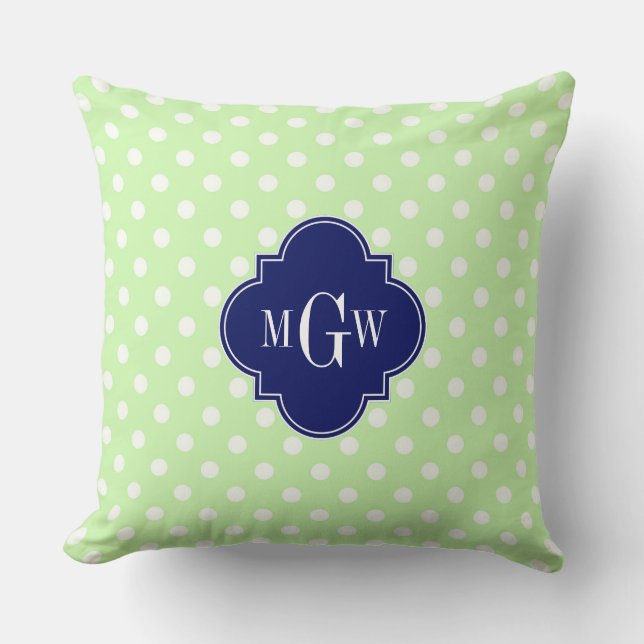 Celery Polka Dot Navy Blue Quatrefoil 3 Monogram Cushion (Front)