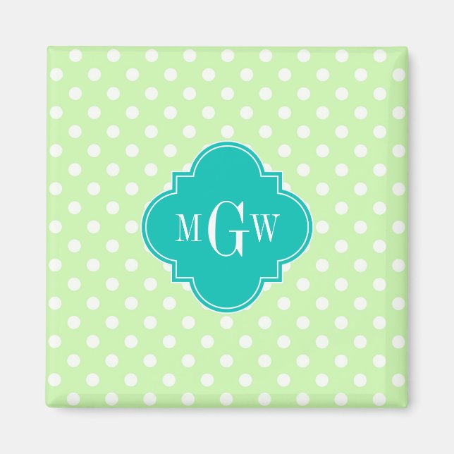 Celery Polka Dot Teal Quatrefoil 3 Monogram Magnet (Front)