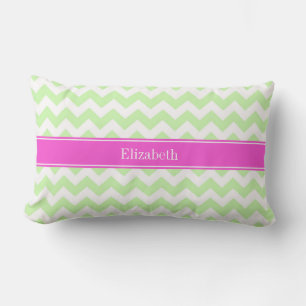 Celery White Chevron Hot Pink Name Monogram Lumbar Cushion