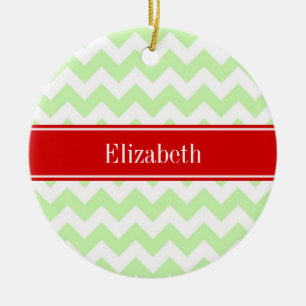 Celery White Chevron ZigZag Red Name Monogram Ceramic Tree Decoration