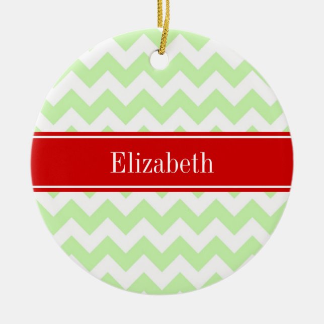 Celery White Chevron ZigZag Red Name Monogram Ceramic Tree Decoration (Front)