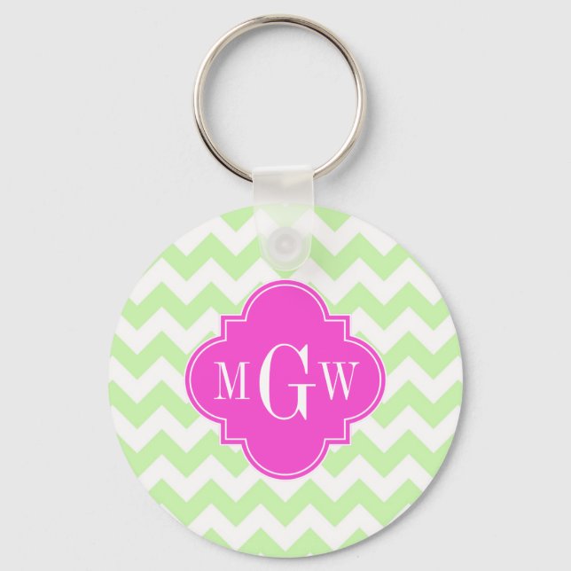 Celery Wht Chevron Hot Pink Quatrefoil 3 Monogram Key Ring (Front)