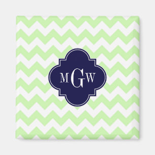 Celery Wht Chevron Navy Blue Quatrefoil 3 Monogram Magnet