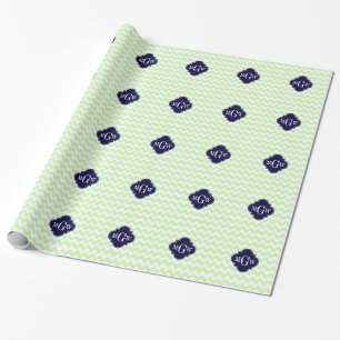 Celery Wht Chevron Navy Blue Quatrefoil 3 Monogram Wrapping Paper