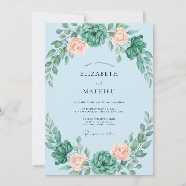 Celeste Apricot Succulent Eucalyptus Wedding Invitation (Front)