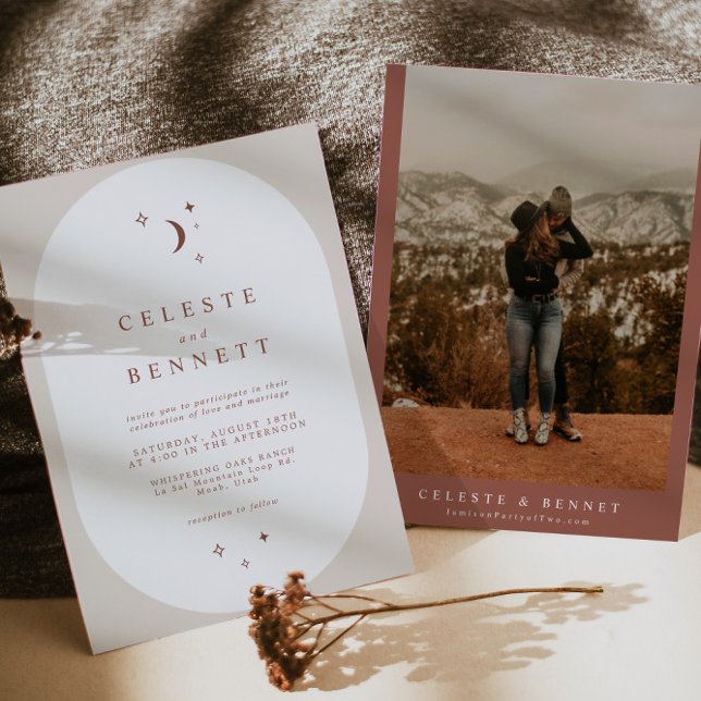 CELESTE Boho Moon & Stars Terracotta Wedding Invitation (Creator Uploaded)