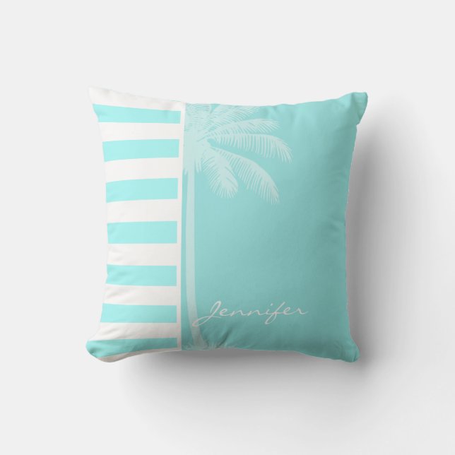 Celeste Horizontal Stripes; Palm Cushion (Front)