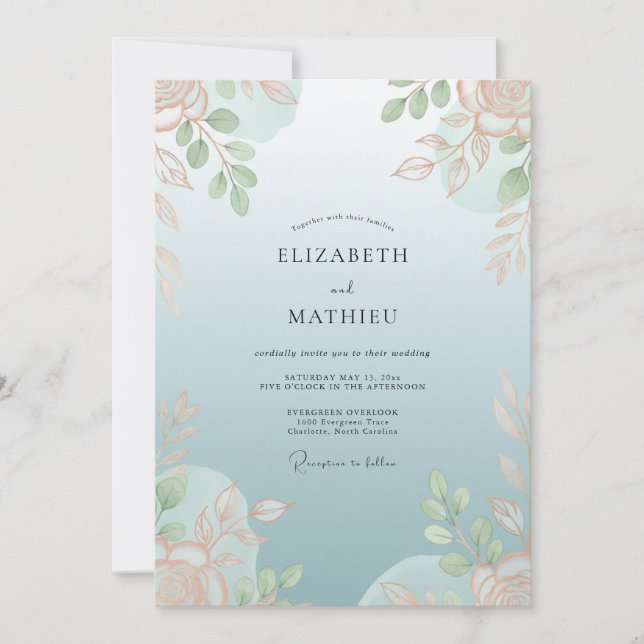 Celeste Peach Foliage Eucalyptus Wedding Invitation (Front)