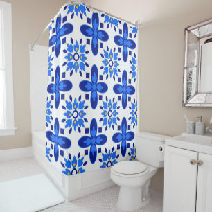 Celestia Crest Contemporary Sapphire Floral Motif  Shower Curtain