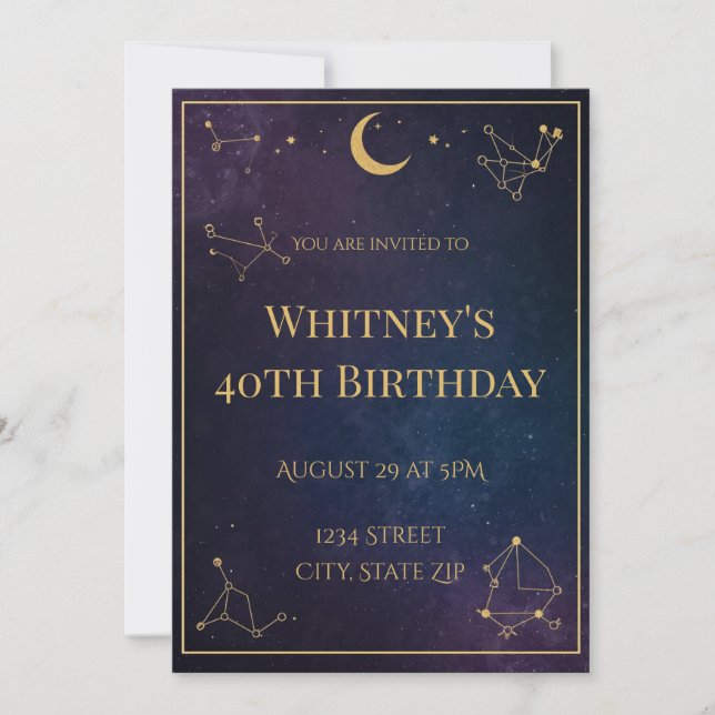 Celestial 40th Birthday Invitation | Elegant Gold (Front)