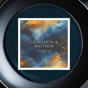 Celestial Abstract Blue Golden Names Wedding Napkin