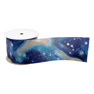 Celestial Abstract Galaxy Art in Blue Gold Swirls Satin Ribbon