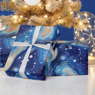 Celestial Abstract Galaxy Art in Blue Gold Swirls Wrapping Paper