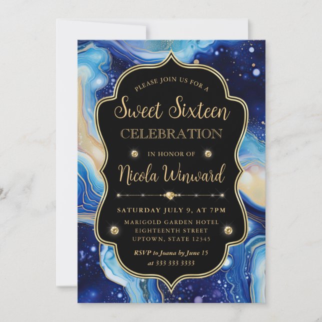 Celestial Agate | Blue Purple Marble Sweet 16 Invitation (Front)