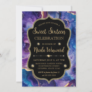 Celestial Agate   Fiery Cosmic Geode Sweet 16 Invitation