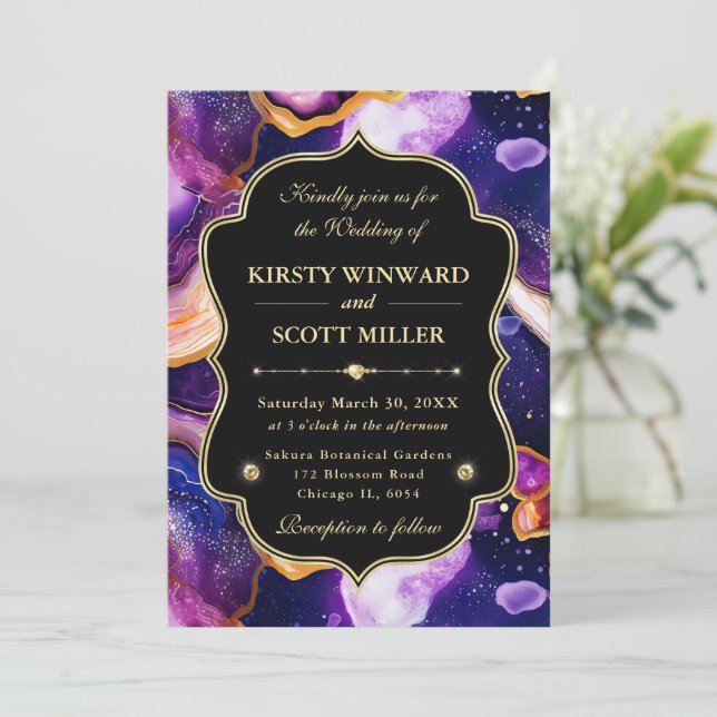 Celestial Agate Gold & Purple Accents Wedding Invitation (Standing Front)