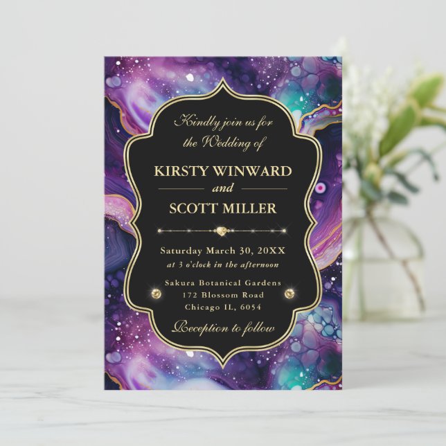 Celestial Agate Gold & Purple Accents Wedding Invitation (Standing Front)