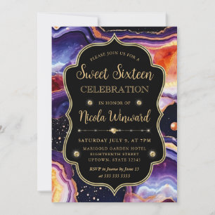 Celestial Agate   Luxe Cosmic Marble Sweet 16 Invitation