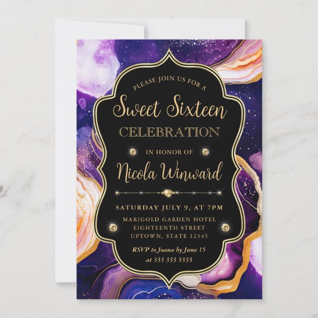 Celestial Agate | Purple Gold Marble Sweet 16 Invitation (Front)