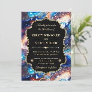 Celestial Agate Starry Gold & Blue Hues Wedding Invitation