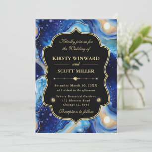 Celestial Agate with Blue & Gold Accents Wedding Invitation