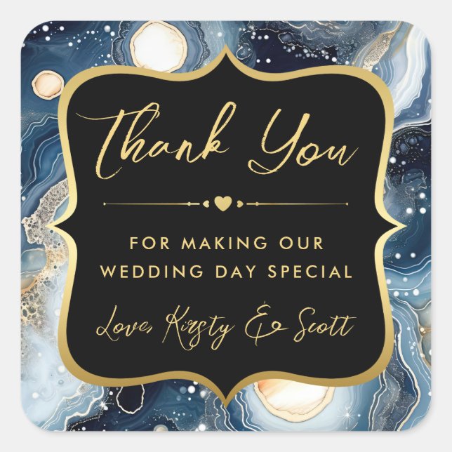 Celestial Agate with Gold & Blue Wedding Square Sticker (Front)