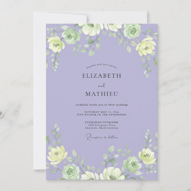 Celestial Amethyst Ranunculus Leafy Wedding Invitation (Front)