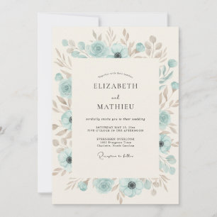 Celestial Aqua Taupe Petal Wedding Invitation