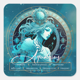 Celestial Aquarius Fantasy Script Ethereal Zodiac Square Sticker