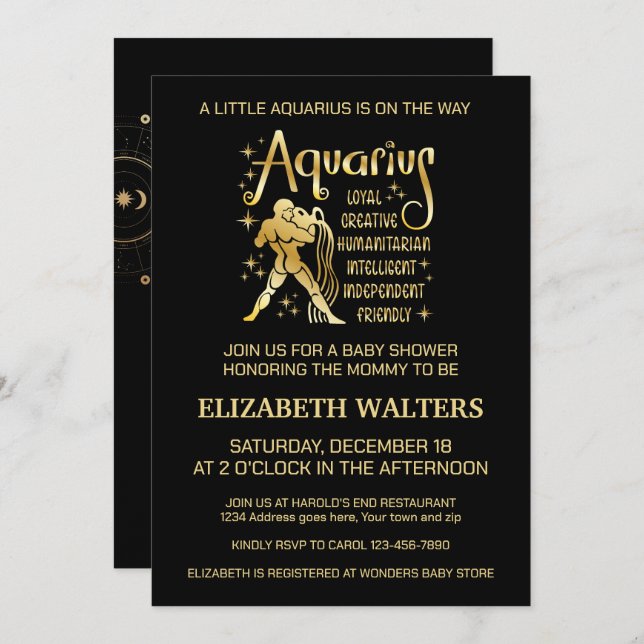 Celestial Aquarius Zodiac Baby Shower Invitation (Front/Back)