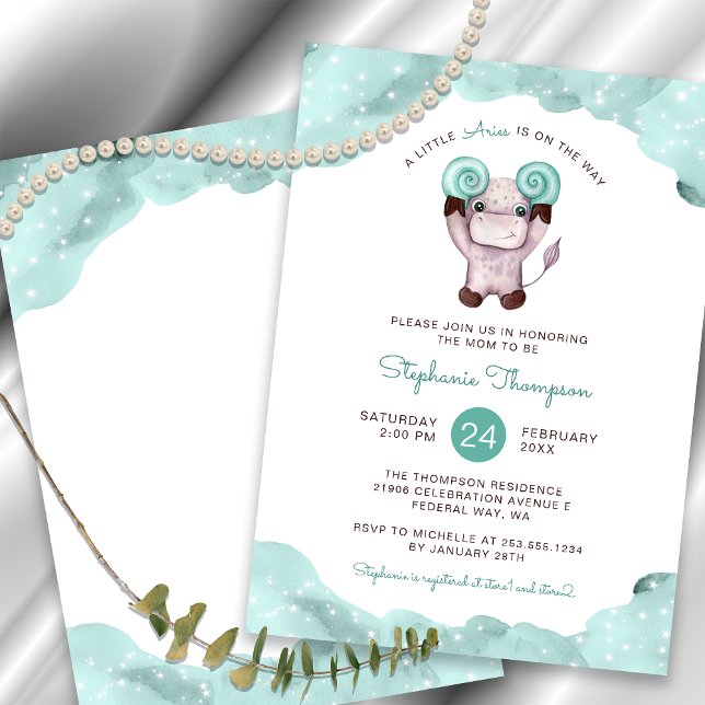 Celestial Aries Astrology Sign Mint Baby Shower Invitation (Celestial Aries Astrology Sign Mint Baby Shower Invitation)