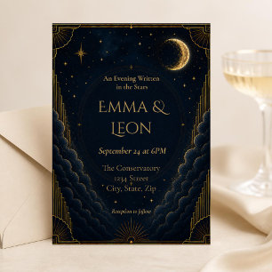 Celestial Art Deco Wedding Invitation Navy Blue