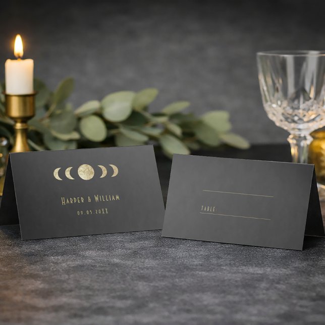 Celestial art deco wedding place card (Celestial equinox art deco with moon phases place card)