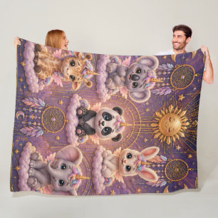 Celestial art deco whimsical unicorn animals, larg fleece blanket