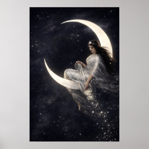 Celestial Art Nouveau Woman on Crescent Moon Poster