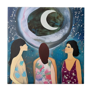 Celestial Artwork Women Looking at the Moon Ceramic Tile