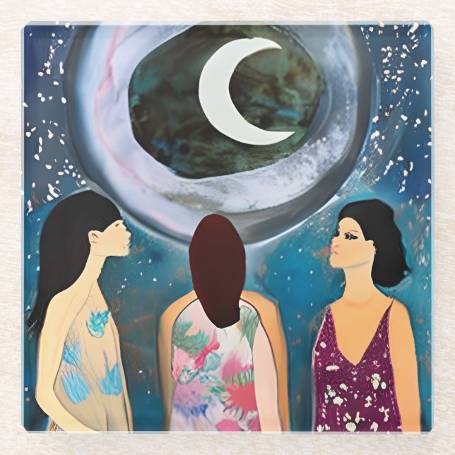 Celestial Artwork | Women Looking at the Moon Glass Coaster (Front)