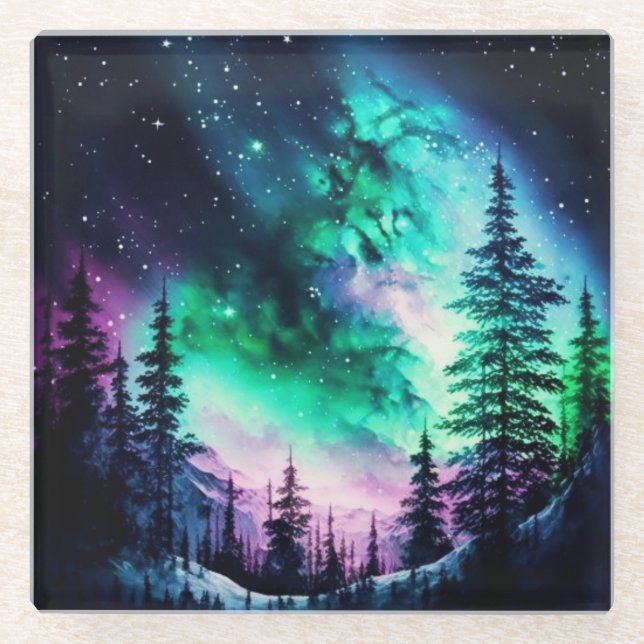 Celestial Aurora Borealis Northern Lights Vivid  Glass Coaster (Front)