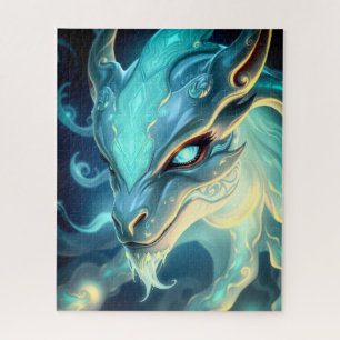 Celestial Azure Guardian Dragon with Glowing Eyes Jigsaw Puzzle