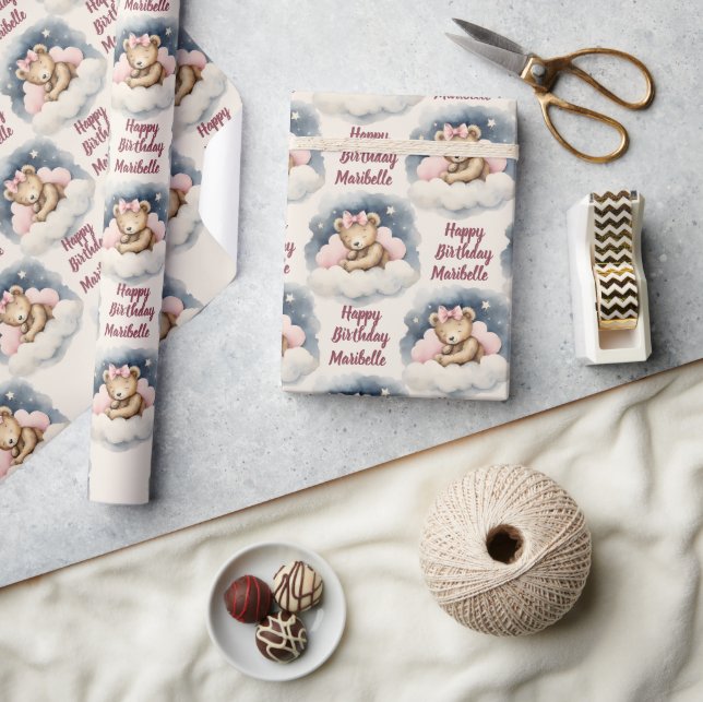 Celestial Baby Bear Personalised Girls Birthday Wrapping Paper (Crafts)